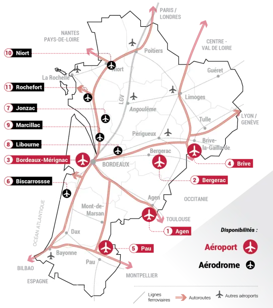 Carte des aéroports et aérodromes où s'implanter en Nouvelle-Aquitaine
