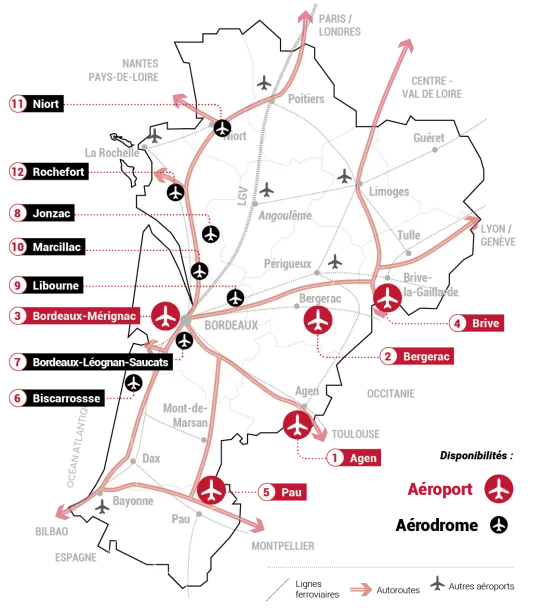 Carte des aéroports et aérodromes où s'implanter en Nouvelle-Aquitaine